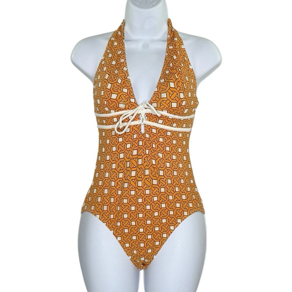 Tommy Bahama Orange Geometric One Piece Swimsuit 4 Halter Retro Travel Resort
